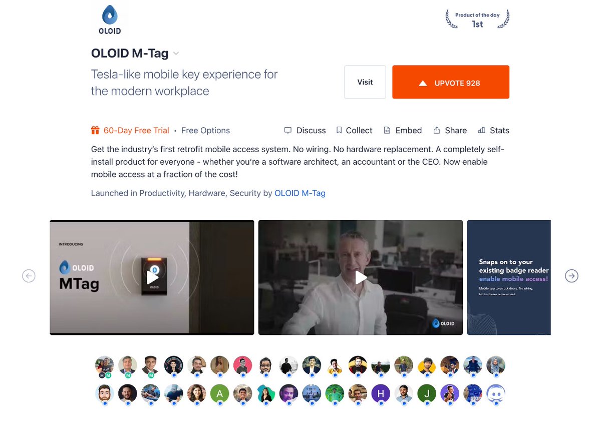 oloid_ai's tweet photo. We're glad to share that we launched the OLOID M-Tag on Product Hunt, and secured the top spot to emerge as the #1 Product of the day on the 4th of November, 2022. Thanks for the incredible support.
#1productoftheday #producthunt #technology #oloidmtag #accesscontrolsolution https://t.co/1nIx5KFV6q
