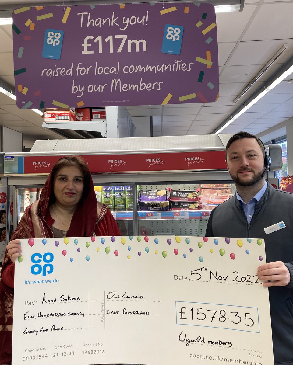 The mental health charity, Anna Sukoon are celebrating £1578.35 from @CoopUK LocalCommunityFund. Money raised by Members shopping at Wigan Road’s Coop #Bolton.  The funding will help to provide a range of activities to improve women’s mental well-being. #ItsWhatWeDo