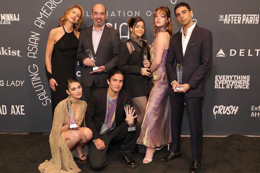 CriticsChoice's tweet photo. Before you accept your award for BEST ENSEMBLE CAST 👉🏼 and AFTER 🎉👏🏼👌🏼The cast of @msmarvel celebrating their honor at the Celebration of Asian Cinema &amp; TV   

#CelebrateAAPI #CCACelebration #msmarvel @msmarvel https://t.co/9U0UbCXwKw