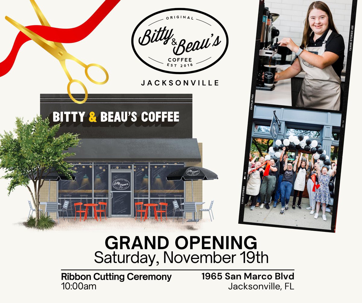 JUST ANNOUNCED
Bitty &amp; Beau’s Coffee GRAND OPENING
Jacksonville, FL | 1965 San Marco Blvd
Saturday, November 19, 2022
Ribbon Cutting at 10am