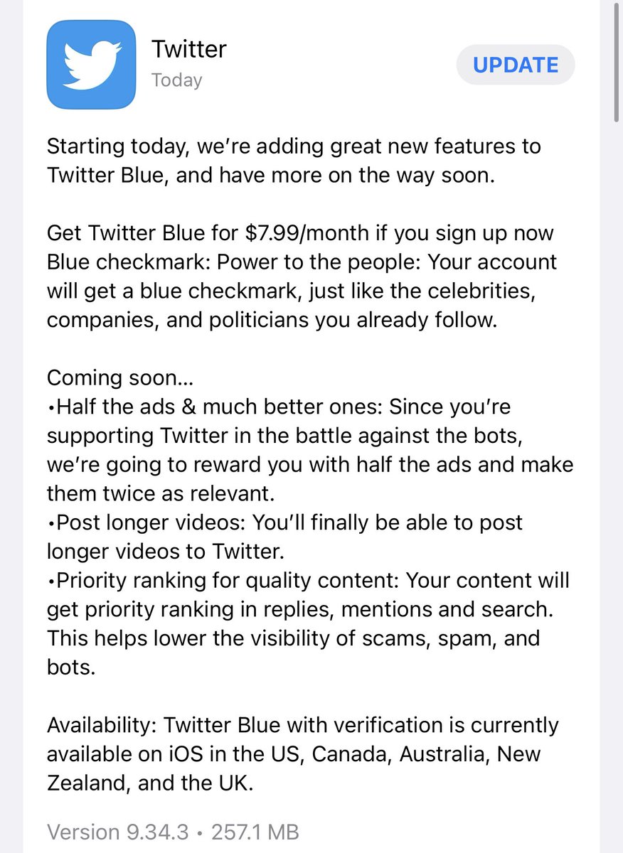 SawyerMerritt's tweet photo. BREAKING: Twitter has officially launched the revamped Twitter Blue for $7.99/month in select countries.

Not all features are live yet. Some are coming later. Looks like the blue verified checkmark is now part of Twitter Blue, but as a Blue user I’m not seeing a checkmark yet. https://t.co/nIjKt4RNnF