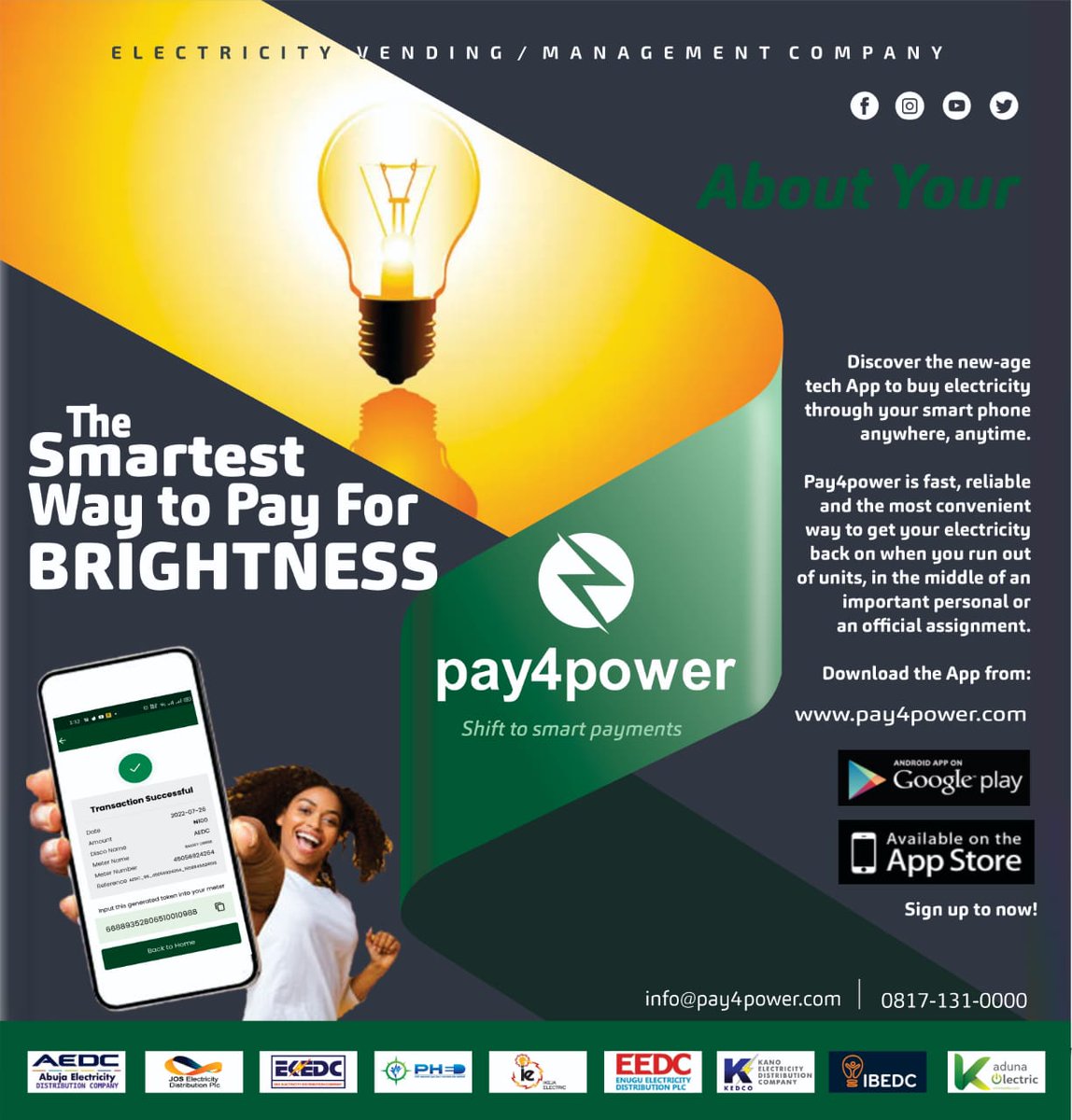Pay4PowerLTD's tweet photo. With our amazing mobile &amp; website experience, buying ELECTRICITY just became easier and faster.

#Pay4Power #Abuja #nigeria #electricity #AEDC #EKEDC #KEDC #phcn #mobileApp https://t.co/ZzCiLAudDV