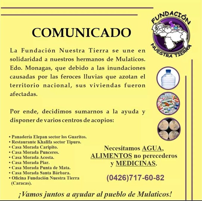 Fundación Nuestra Tierra activa centros de acopio para apoyar a más de 100 afectados en Mulatico de Guanipa

<a href="/fundatierra/">FUNDACIÓN NUESTRA TIERRA</a> <a href="/leudysgonzalez/">Leudys González</a> @fundacionmonagasemprende