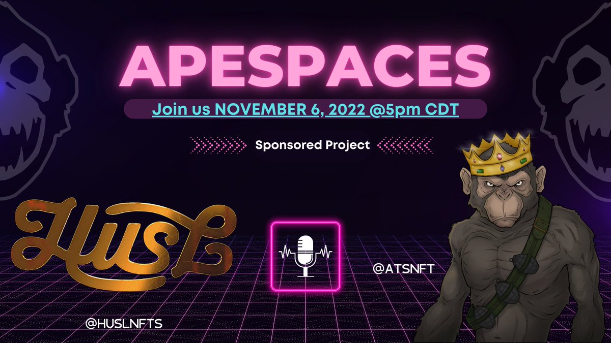 Join HUSL along with ATS tomorrow @ 6pm EDT

We will be giving away a HUSL FOUNDERS CARD + there is also a $750 giveaway!

Requirements:
Follow @huslnfts &amp; <a href="/ATSNFT/">Apes Together Strong NFT</a> 
Join the discord: discord.gg/jAxPrcAEA5
Like, RT, and Tag 3 or more

Be in the Spaces -x.com/i/spaces/1lPKq…
