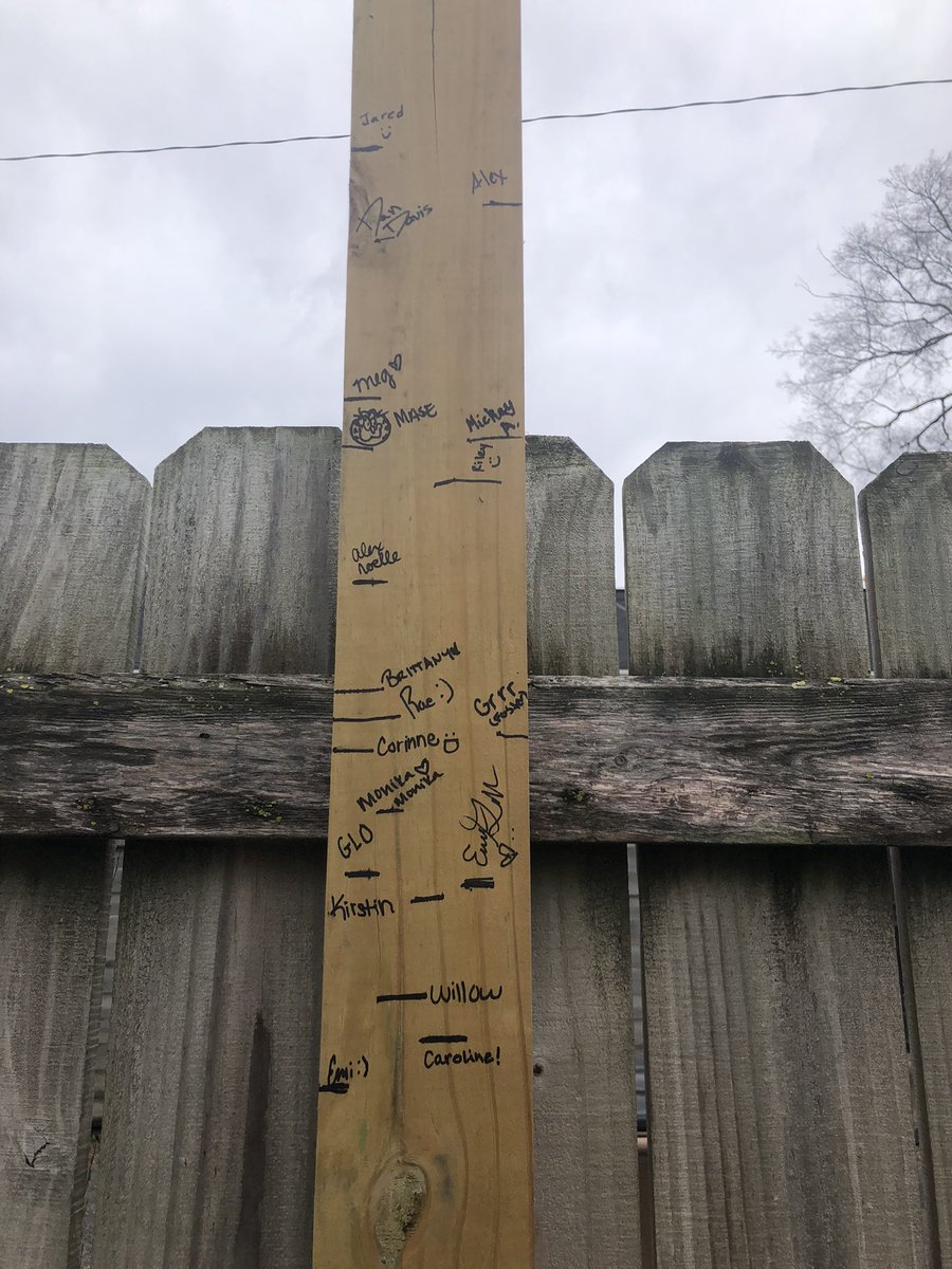gloshea23's tweet photo. we had a random plank of wood in our yard that was super tall so I decided to have everyone who comes over measure their height and sign it and it’s my new favorite thing https://t.co/FT4fzBUXdp