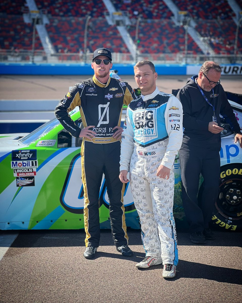 Chatting it up with @brandonbrown_68 before qualifying. Check out @KrisOnNASCAR’s #BigDogEnergy fire suit 🐶🔥 Tune in to qualifying now on the @NBCSports app 📱