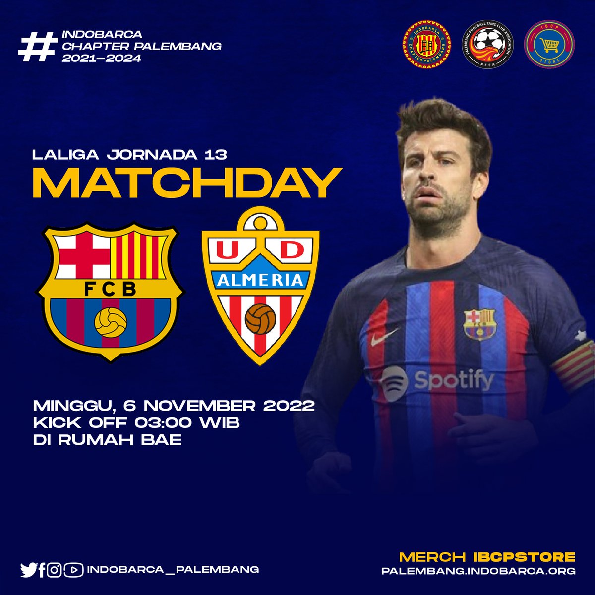 Dini hari nanti Barça akan kembali bertanding dalam ajang <a href="/LaLiga/">LALIGA</a> Jornada ke-13 menghadapi Almeria.

Laga ini dikabarkan akan menjadi match terakhir <a href="/3gerardpique/">Gerard Piqué</a> bersama Barça sebelum pensiun.

Namun, mohon maaf untuk match kali ini Event Nonton Bareng ditiadakan dulu, ya.