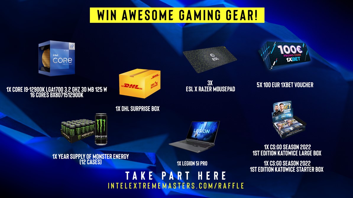 IEM's tweet image. Be sure to check out the official #IEM Rio giveaway for a chance to win some sweet prizes from our partners 🎁

@IntelGaming @DeutschePostDHL @MonsterGaming @MonsterEnergy @LenovoLegion @KolexGG @ESLShop 

🔗intelextrememasters.com/raffle