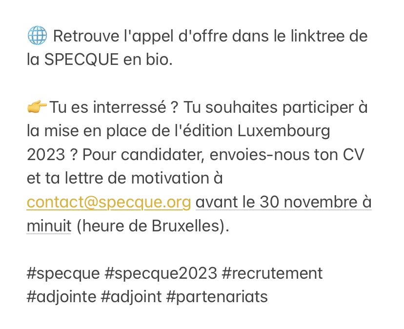 laSPECQUE's tweet photo. [APPEL À CANDIDATURE]

📣 Le Pôle Partenariats recrute un·e adjoint·e pour assister notre chargée des Partenariats dans la recherche et la mise en place de partenariats financiers.

#specque #specque2023 #recrutement #adjointe #adjoint #partenariats https://t.co/yr98RVs5se