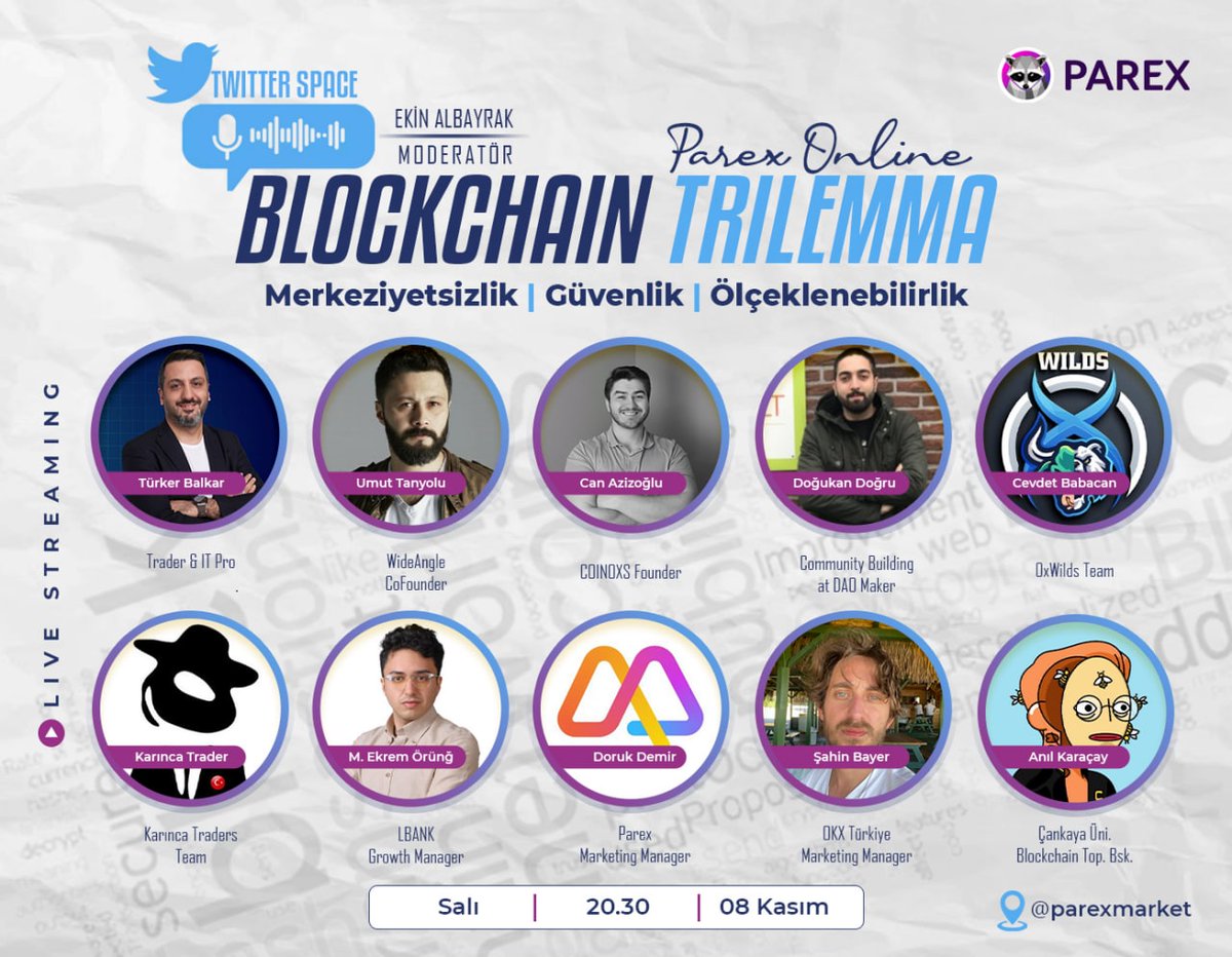 Parex | Ecosystem, DAO 🔰 (@parexnetwork) on Twitter photo Türkiye'ye özel bir etkinlik düzenliyoruz.
<a href="/istanbulBW/">İstanbul Blockchain Haftası</a> öncesi ekosistemin temel dinamiklerinden bahsedeceğiz. Türkiye'nin blockchain alanındaki yerini güçlendirmek için biz de varız!
BlockChain Trilemma
Merkeziyetsizlik | Güvenlik | Ölçeklenebilirlik Türkiye'ye özel bir etkinlik düzenliyoruz.
<a href="/istanbulBW/">İstanbul Blockchain Haftası</a> öncesi ekosistemin temel dinamiklerinden bahsedeceğiz. Türkiye'nin blockchain alanındaki yerini güçlendirmek için biz de varız!
BlockChain Trilemma
Merkeziyetsizlik | Güvenlik | Ölçeklenebilirlik