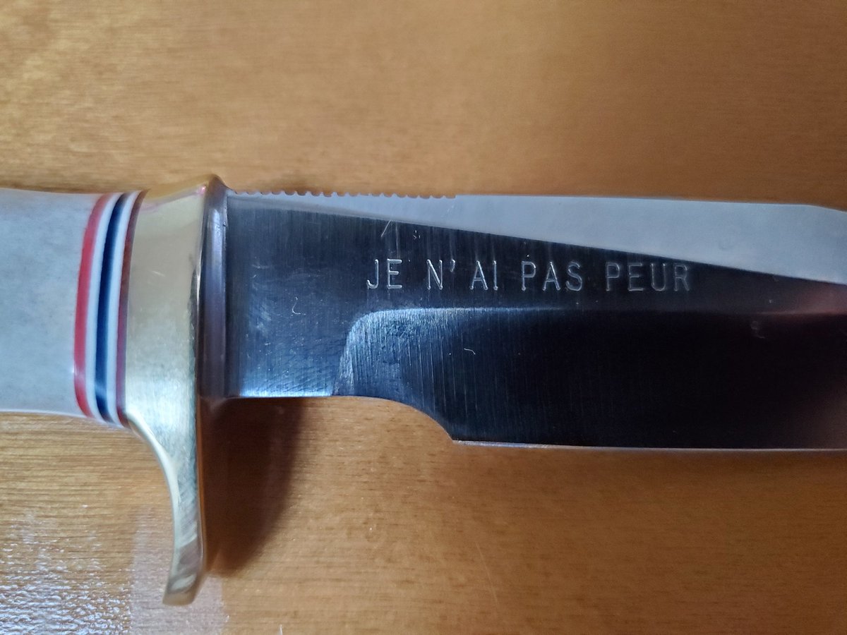 JuliaLepetit's tweet photo. My dad has a tradition that when you reach a certain age in the family, he gets you a custom made, high quality knife for camping / utility from an extremely sought after knife maker he knows.
Today mine arrived. It has a quote from Joan of Arc and I'm emotional over a knife gift https://t.co/Y90cP6wnWo