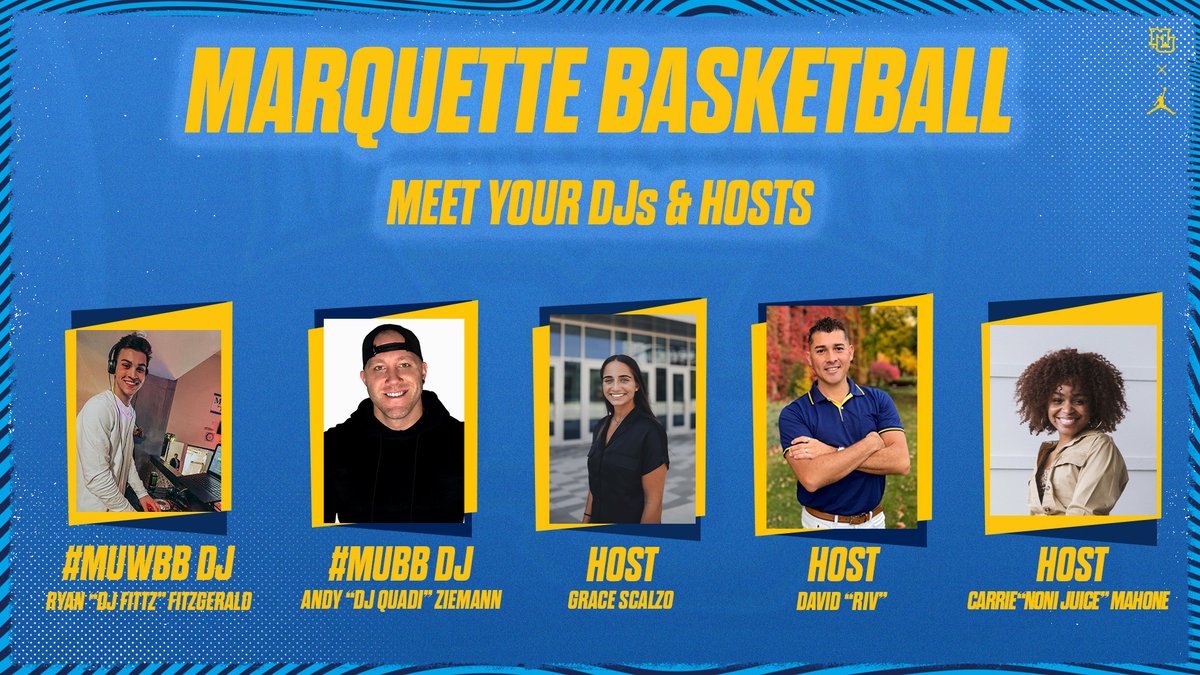 muathletics's tweet photo. Marquette Athletics would like to introduce the 2022-23 men's and women's basketball gameday hosts &amp; DJ's. Welcome to @CarrieNoni @RIV_PT_Emcee @djquadi DJ FITTZ and @gracescalzo 

RELEASE: ⤵

https://t.co/0313buM1ps https://t.co/xTUdsKUG0l