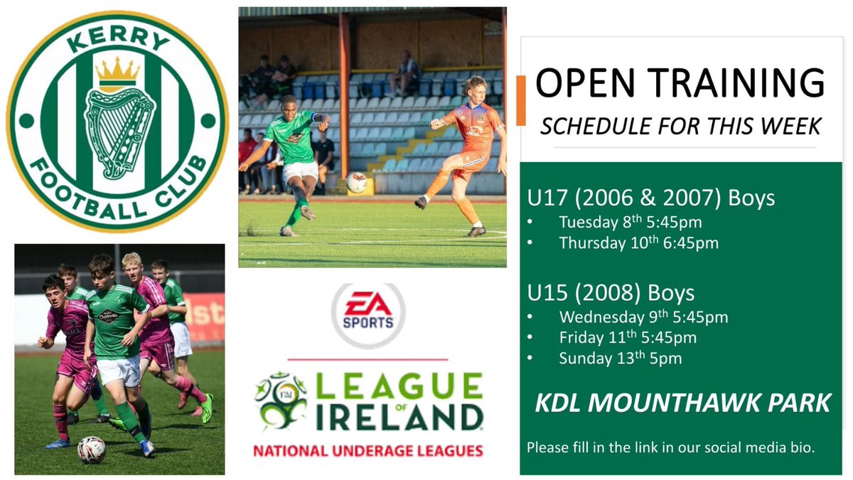 KerryFC's tweet photo. A busy week coming up of Open Training sessions for our 17s and 15s

THIS IS YOUR TIME!

Sign up link: https://t.co/QQbquEmOwm… https://t.co/7N8cJx49qu