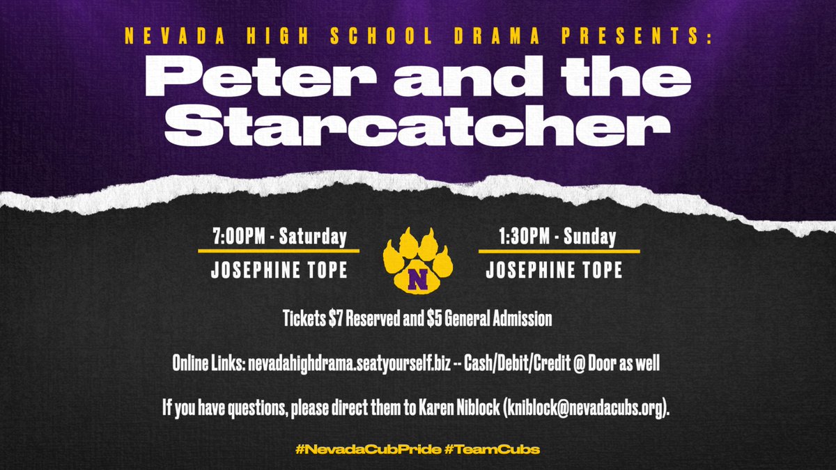 cubsactivities's tweet photo. Fall Play -- Peter and the Starcatcher

🕓  Saturday @ 7:00 PM &amp; Sunday @ 1:30 PM
🎟️  $7 Reserved or $5 General Admission Cash/Debit/Credit @ Door. Reserve online at: https://t.co/Mjooptv0rM

#NevadaCubPride #TeamCubs https://t.co/XTK5PxLGkQ
