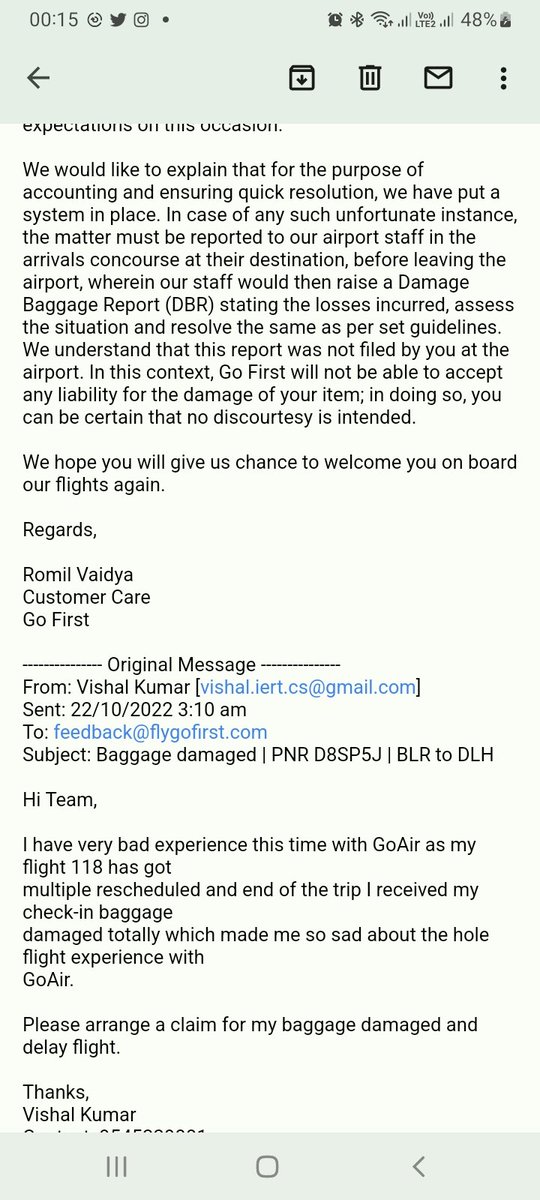 vishalechoo's tweet photo. @GoFirstairways Baggage damaged | PNR D8SP5J | BLR to DLH. I have claimed at airport with staff and he confirmed he has raised a concern with team internally you can claim later but now on email they are responding not possible to claim over an email. https://t.co/g4ttfQgrQN