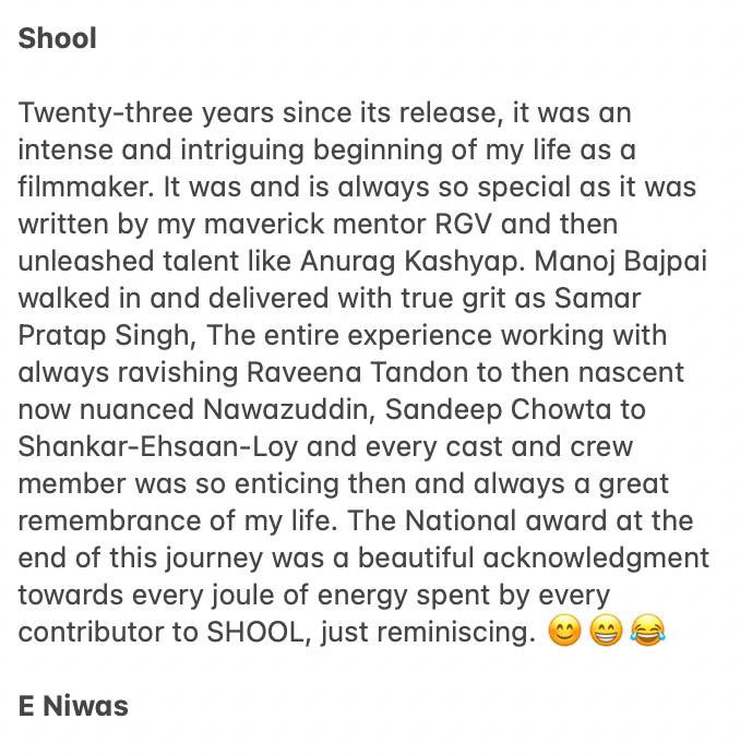 E NIWAS (@eniwas) on Twitter photo 23 years of shool… immense gratitude 🙏🏼 <a href="/RGVzoomin/">Ram Gopal Varma</a> <a href="/BajpayeeManoj/">manoj bajpayee</a> <a href="/TandonRaveena/">Raveena Tandon</a> <a href="/anuragkashyap72/">Anurag Kashyap</a> <a href="/Nawazuddin_S/">Nawazuddin Siddiqui</a> #shool.. 23 years of shool… immense gratitude 🙏🏼 <a href="/RGVzoomin/">Ram Gopal Varma</a> <a href="/BajpayeeManoj/">manoj bajpayee</a> <a href="/TandonRaveena/">Raveena Tandon</a> <a href="/anuragkashyap72/">Anurag Kashyap</a> <a href="/Nawazuddin_S/">Nawazuddin Siddiqui</a> #shool..