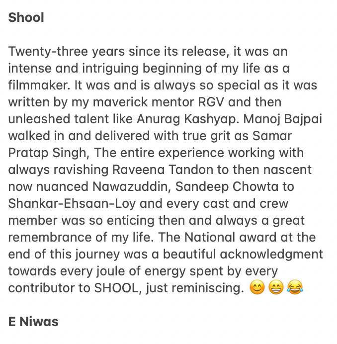 23 years of shool… immense gratitude 🙏🏼 @RGVzoomin @BajpayeeManoj @TandonRaveena @anuragkashyap72 @Nawazuddin_S #shool..