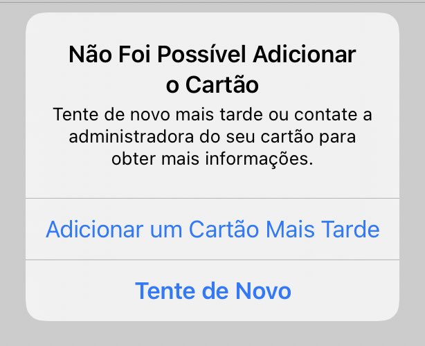 matiteraa's tweet photo. @yh5l2 @MarcelobateraR @PayNewsBR @MacMagazine O meu está dando erro, aparece a opção e sinaliza corretamente o tipo do cartão mas fala que tá indisponível, sabe de algo? https://t.co/dcYg7jfze8