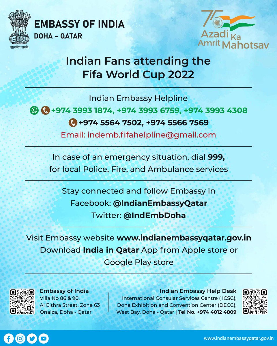 ayushgaur's tweet photo. Indian fans arriving Qatar for FIFA World Cup. Take a note of the emergency contact details for @IndEmbDoha and travel advisory. #Fifa #FIFA2022 #indian #Traveladvisory https://t.co/vqLiXG50NX