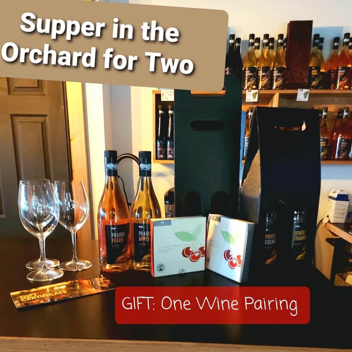 OUR CHRISTMAS GIFT CERTIFICATE SPECIAL IS BACK! Buy a gift certificate for 2 suppers ($155.40) and receive a free wine pairing for 1($25 value). Call Sylvia 306-535-1278 overthehillorchards.ca/contact-us/ #supperintheorchard #winery #orchard #prairiecherry #yqr #regina #yqrfood #lumsden
