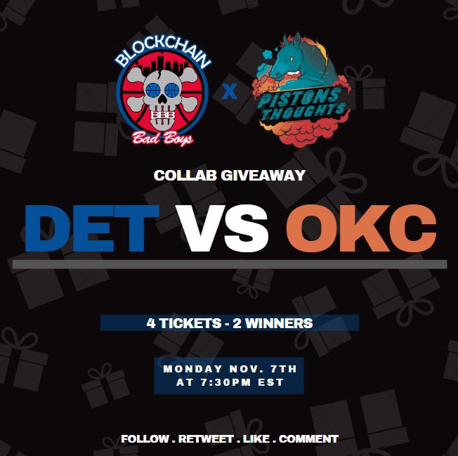 PistonsThoughts's tweet photo. Because I love you and because @Blockchain_BBs is AWESOME, we’ve partnered up to give away tickets to the Thunder VS Pistons game on Monday! 

4 tickets up for grabs

To enter: 👇
✅ RT + like
✅ Follow @Blockchain_BBs and @PistonsThoughts 
✅ Comment favorite Pistons memory https://t.co/RiX7yZPCLG