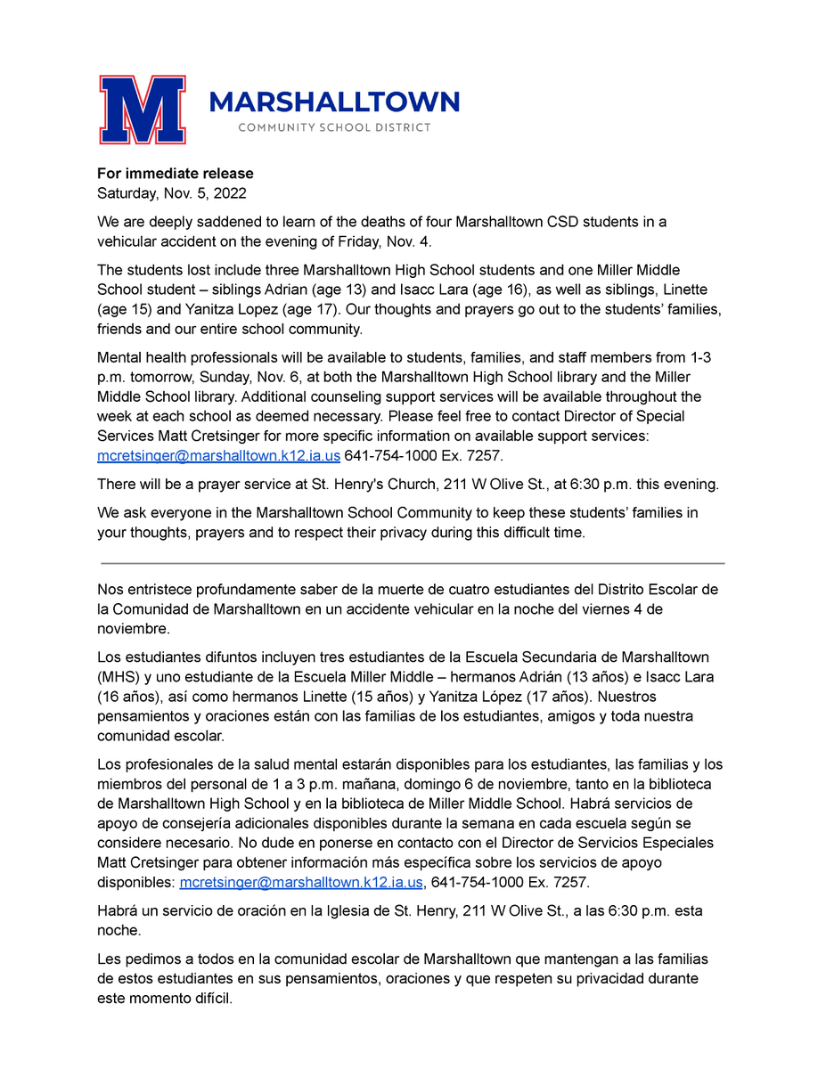 Our thoughts and prayers go out to the four students' families, friends, and the entire Marshalltown School Community.