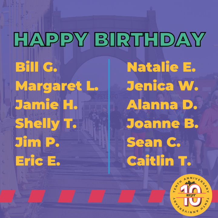Pgh10Miler's tweet photo. The best birthdays are spent with over 4,000 of your closest friends racing through the streets of Pittsburgh! 

We're giving a HUGE birthday shout-out to the 12 participants celebrating their big day with us at the @EQTCorp Pittsburgh 10 Miler tomorrow! https://t.co/h8d8bvzuPa