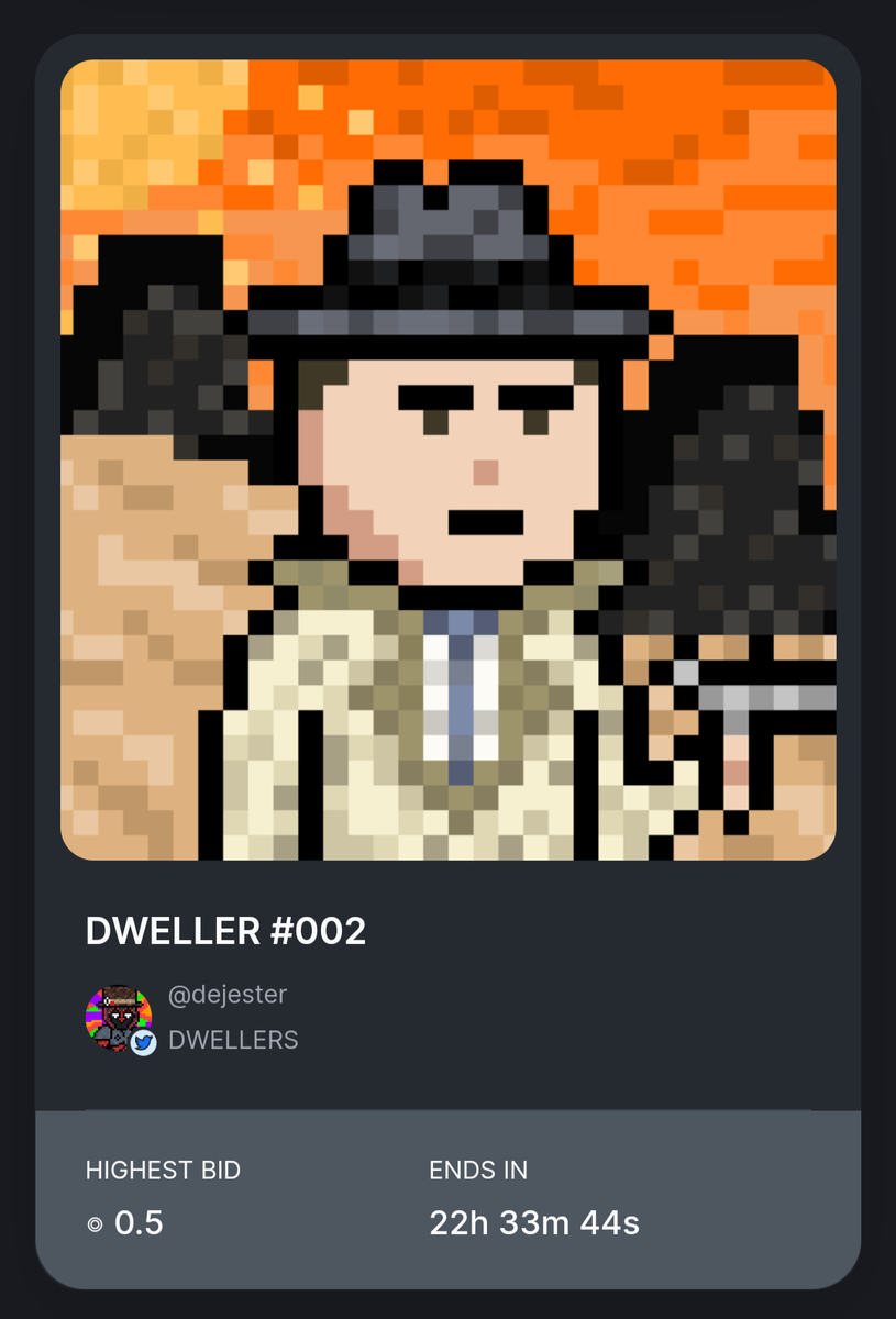 thejester's tweet photo. DWELLERS (@dwelllers) auction update:

DWELLER #001 "DUSTIN": 0 bids, 22 1/2 hours remaining

DWELLER #002 "ROY": .5 bid, 22 1/2 hours remaining

thank you to @JaboiRandy for the first bid on any of my pfp work, i appreciate the fuck out of you 🖤

Find the auctions here 👇 https://t.co/Oy4rkR5j92