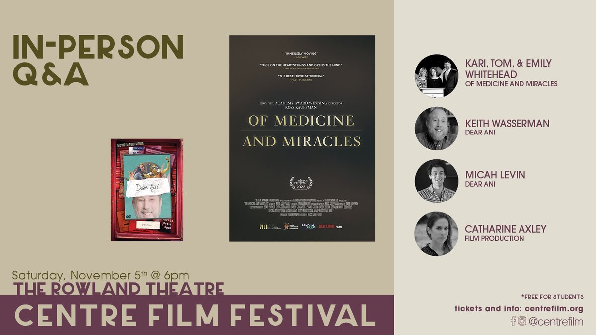 CentreFilm's tweet photo. TONIGHT... Join us for a post-screening discussion after OF MEDICINE AND MIRACLES + DEAR ANI at 6pm. @rosskauffman @micahlevin @ofmedicineandmiraclesfilm @dear_ani_doc @kariwhitehead @tomwhitehead05 @the_deep_wink @ewhiteheadfdn @rowlandtheatrephilipsburg https://t.co/NetLfiLFiI