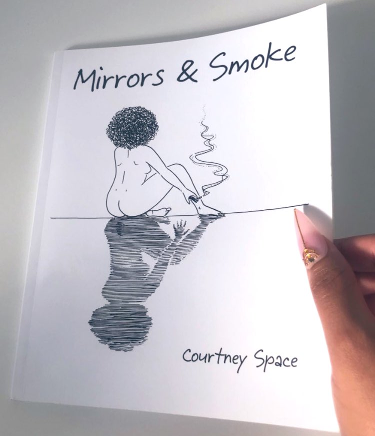 I wrote a poetry book about learning to sit comfortably with all the parts of me. The cover art by @MiaOhki shows a woman smoking a joint with her shadow self, reflecting, relearning, releasing. You can read Mirrors & Smoke the ebook at CourtneySpace.com🫀