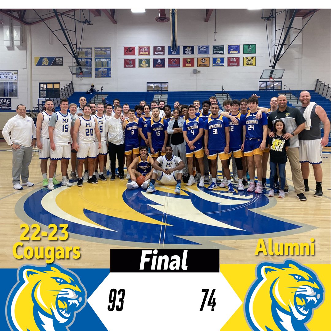 MUMensBball's tweet photo. Final score from the 5th Annual Alumni Game! This gives the Alumni an
0-5 record all time. The 22-23 Cougars leading scorers were Lazdowsky and Smith with 12 points! The Alumni was led by Kenny with 22 points! Thank you to everyone who came out and supported. https://t.co/K2k0sg4JDM
