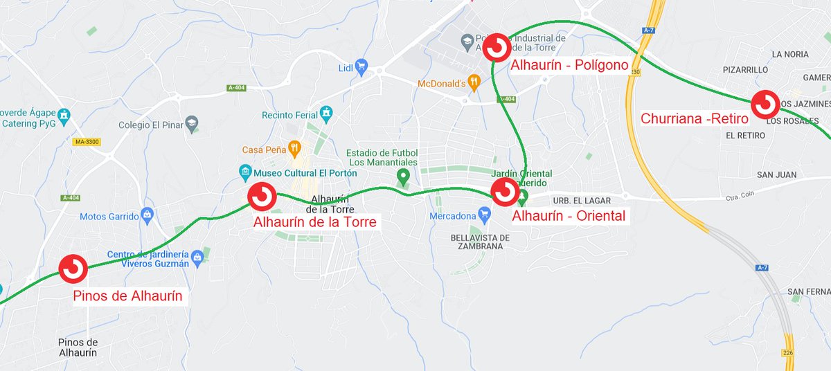 La extensión se podría hacer en 2 fases:
-Fase 1: Churriana y Alhaurín de la Torre
-Fase 2: Alhaurín el Grande, Coín, Monda, Ojén y Marbella
Esta línea C-3 saldrá desde #PlazaMayor.
En la fase 1 se tendrían estas paradas
El trazado sería en superficie en un 42% del trazado