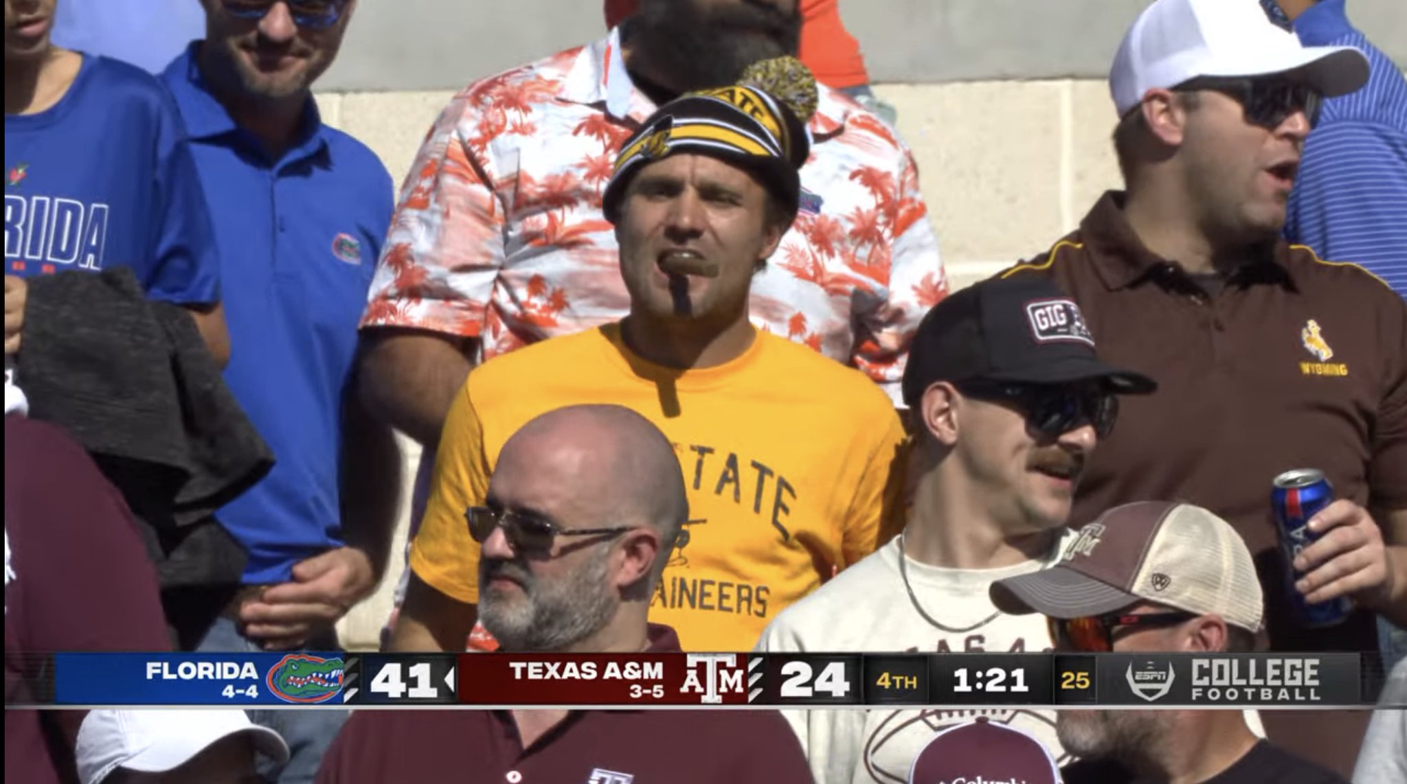 Brandon Marcello X:ssä: "Texas A&M has lost five straight games, the worst  streak in 42 years. A man wearing an App State shirt decided to celebrate  in Aggie Land with a cigar