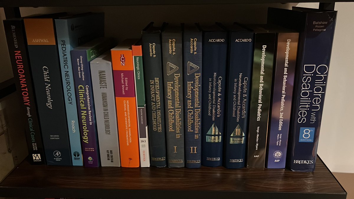 SMLazarMD's tweet image. And this is part of my wall of #NDD and #NeurodevelopmentalDisabilities. All editions of Capute, first editions of Strauss’s Brain Injured Child, and the original Gesell through the ages series.