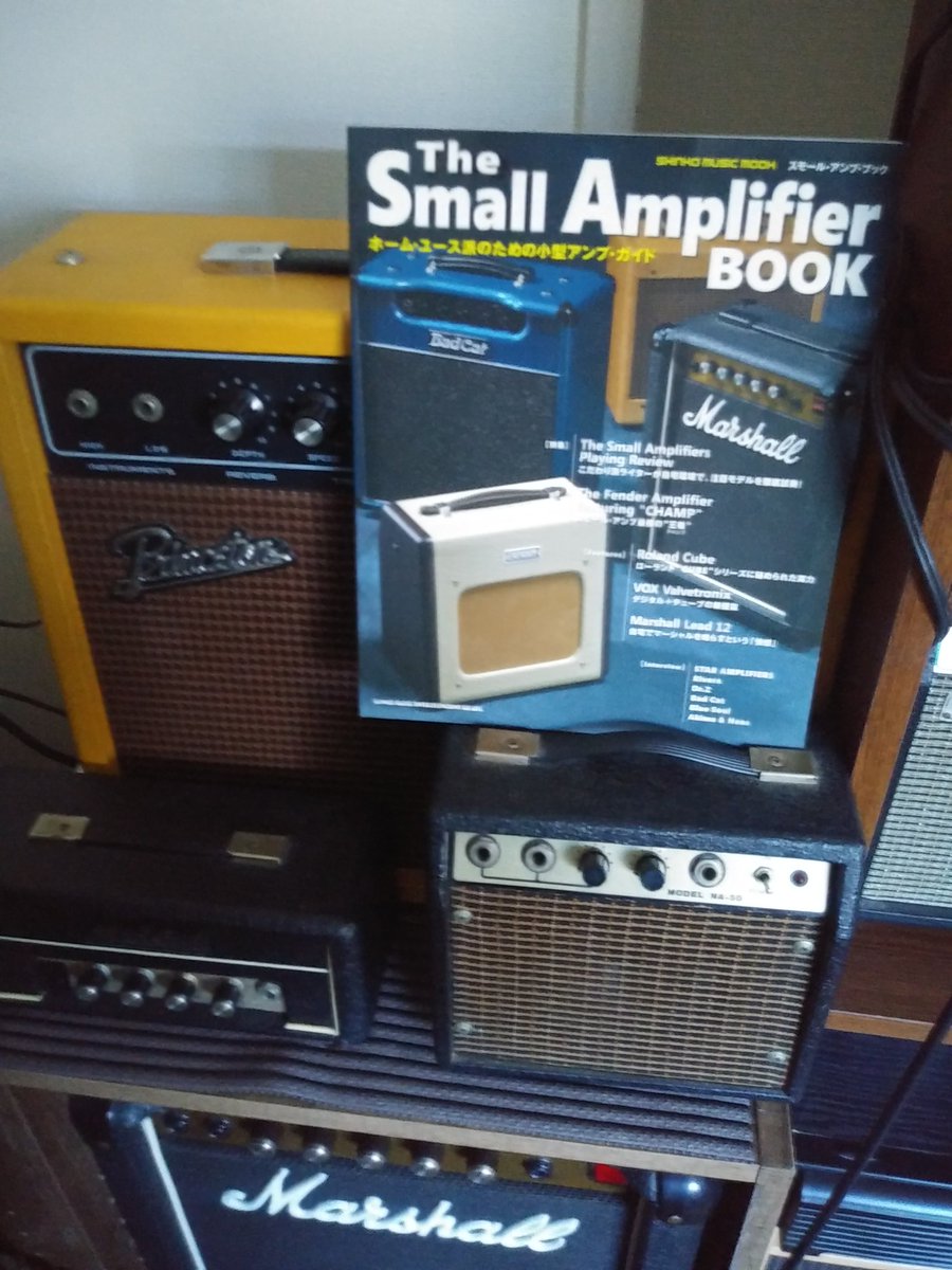 OKBMN's tweet photo. ギター用スモールアンプの世界、この本の影響が大きい。どれもそれぞれにいい音！
#thesmallampbook
#smallamp
#marshall
#madshell
#pignose
#piggy
#samick
#unknown(made in korea)
#princeton
#aiden https://t.co/nSgZc29lr5