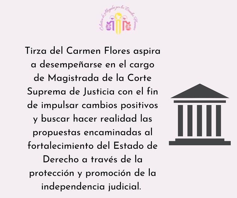 colectabogadas's tweet photo. Impulsamos la publicidad y conocer a las personas postulantes que aspiran a ser Magistradas y Magistrados en el período 2023-20230 y esta vez iniciamos con la abogada y Notaria, Tirza del Carmen Flores. #Postulantesquedebemosconocer https://t.co/IQ1REKZwoo