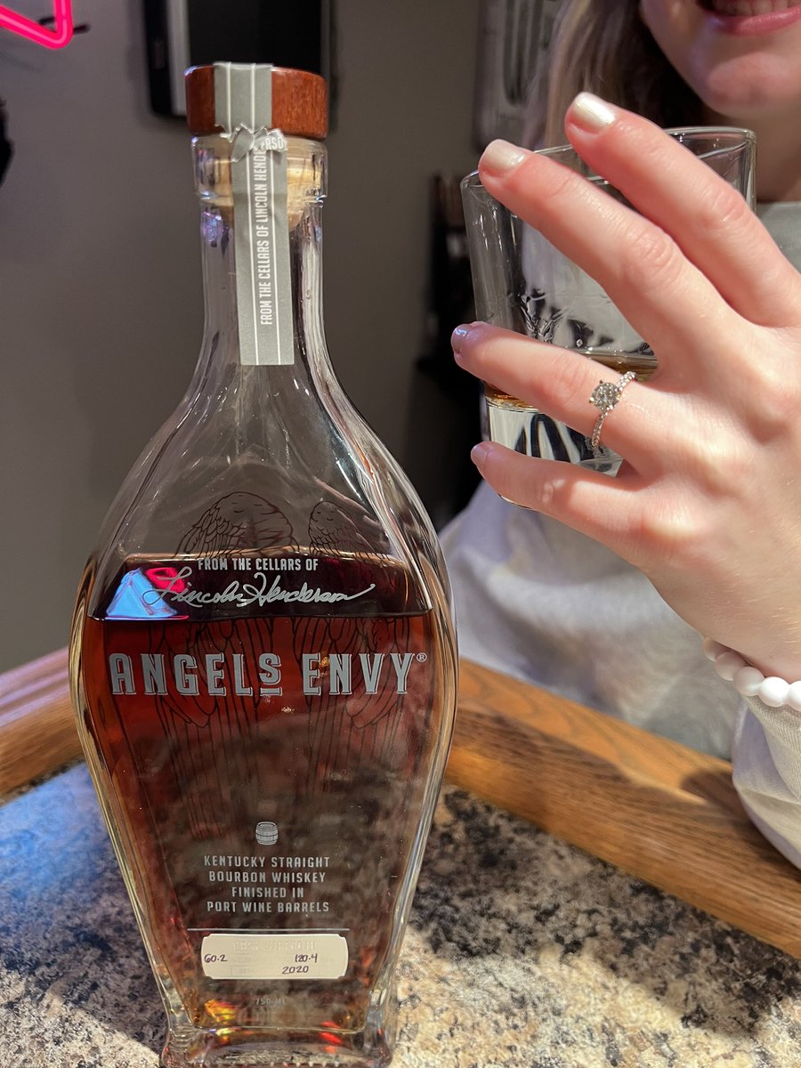 BFruend's tweet photo. Newly engaged daughter and an open bottle of 2020 @Angels_Envy Cask Strength - amazing!!! https://t.co/yq7fAwtwWR