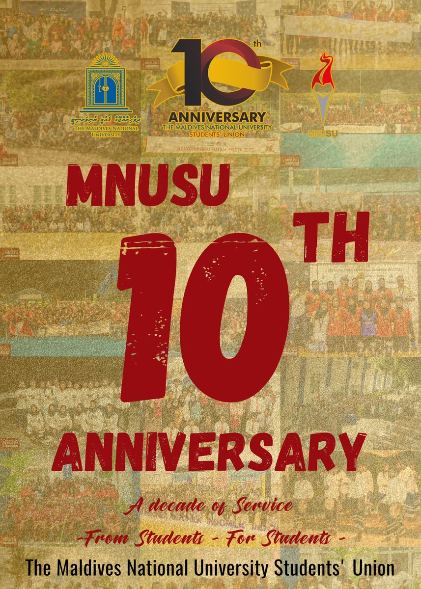 MNUSU's tweet photo. ދިވެހިރާއްޖޭގެ ޤައުމީ ޔުނިވަރސިޓީގެ ދަރިވަރުންގެ ޔޫނިއަން (އެމް.އެން.ޔޫ.އެސް.ޔޫ)ގެ 10ވަނަ އަހަރީދުވަހުގެ ހެޔޮއެދުމާއި ތަޙުނިޔާ އެންމެހާ މެމްބަރުންނާއި ކުރީ ދައުރުތަކުގެ ހިންގާ ކޮމެޓީތަކަށް އަރިސްކުރަން!
#MNU #MNUSU #ADecadeOfService #MNUSU10 https://t.co/qya8FaDcz3