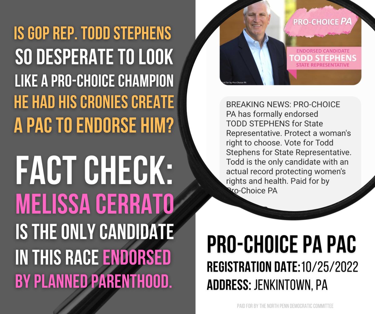 MontTwpDems's tweet photo. You can't trust #ToddStephens.  Just one more reason to vote for Melissa Cerrato for PA  for State Rep in the 151st on Tuesday, Nov. 8th.
Please share this with your friends. #FakePAC #OnlyProChoiceWhenConvenient #VoteBlueToProtectYourRights https://t.co/gYPOW9i4rv