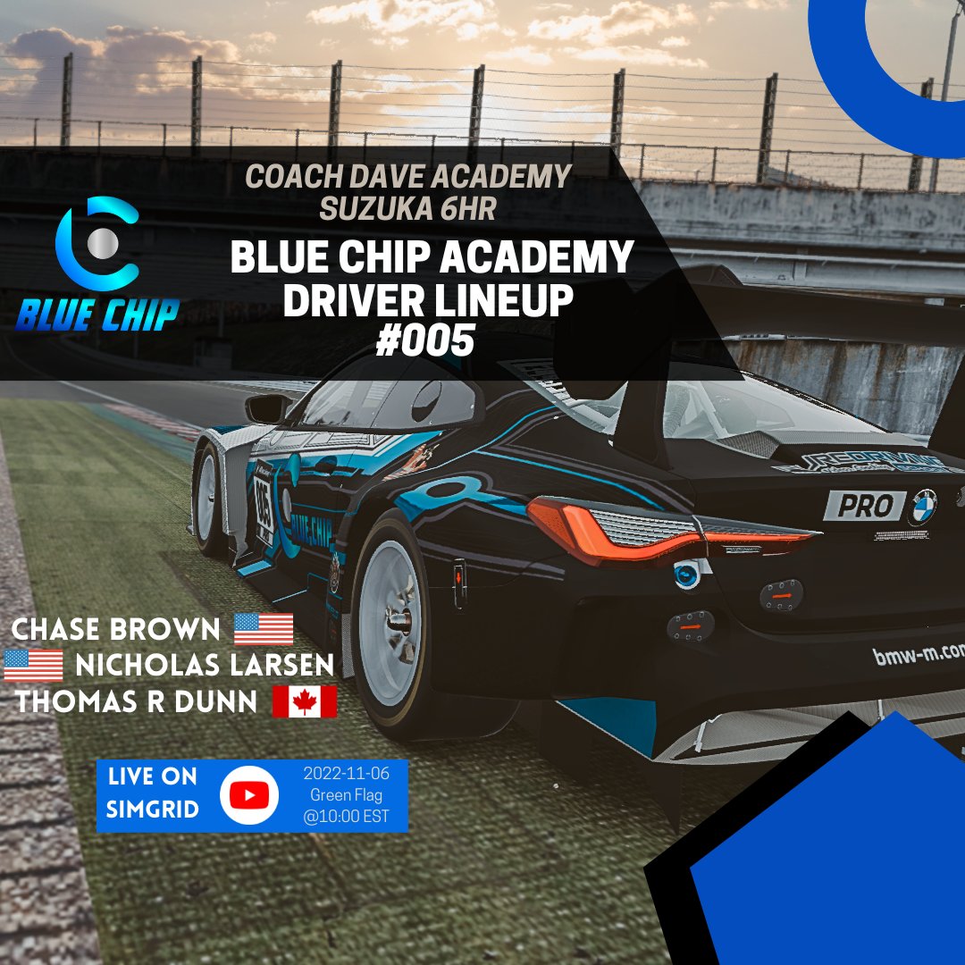 BlueChip_Racing's tweet photo. โช Race Day! ๐ต
Blue Chip Racing has two entries in today's 6hrs of Suzuka presented by @coachdavesetups
Race will be live on @sim_grid YouTube channel
#Simracing #iRacing #Recruiting #Enduranceracing #ramdesigns https://t.co/loJAoAoKrr