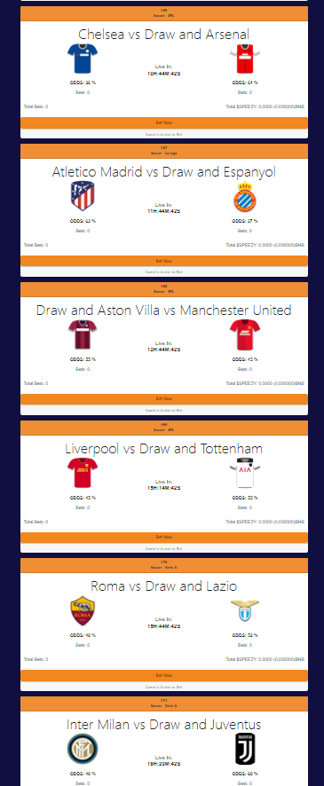 So much soccer/ euro football to bet on! 

Min Bet: 2900 $SPEEZY  (0.05 BNB)
Betting Fee: ~50 Cents (Gas)
House Cut: $0 (Always)

🤑 Bet now: spinbsc.app/bets
📲 Tutorial: youtube.com/watch?v=k3-l6A…
#dogecoin #shib #WCI #FIFA #speezy #ChampionsLeague #PremierLeague #betting