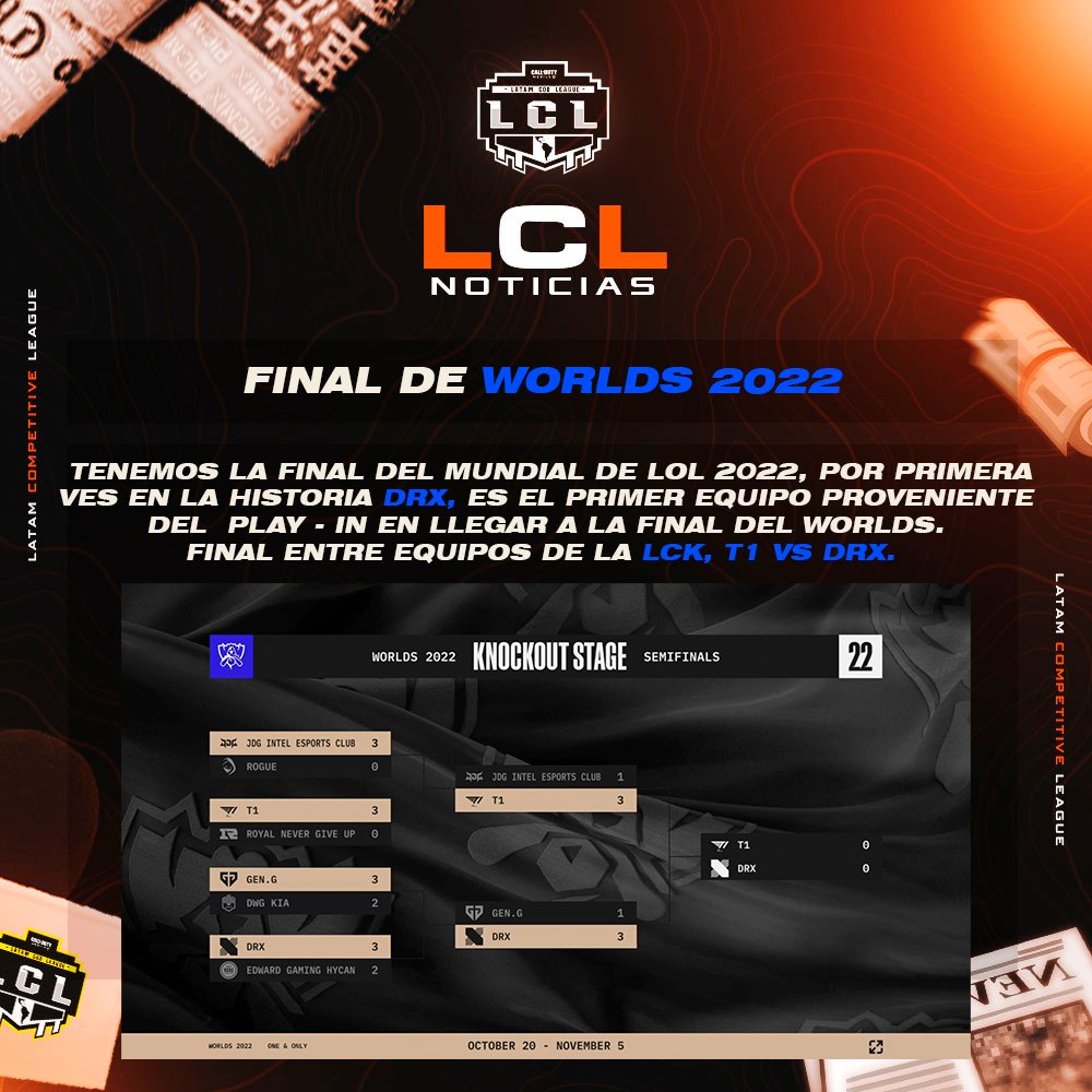 Por primera ves en la historia del Worlds de League Of legends, DRX equipo proveniente de la etapa de Play In, clasifica a la final del evento más importante del mundo de los esports.👀

Título disputado entre equipos de la LCK.

#Wordls2022
#leagueoflegends