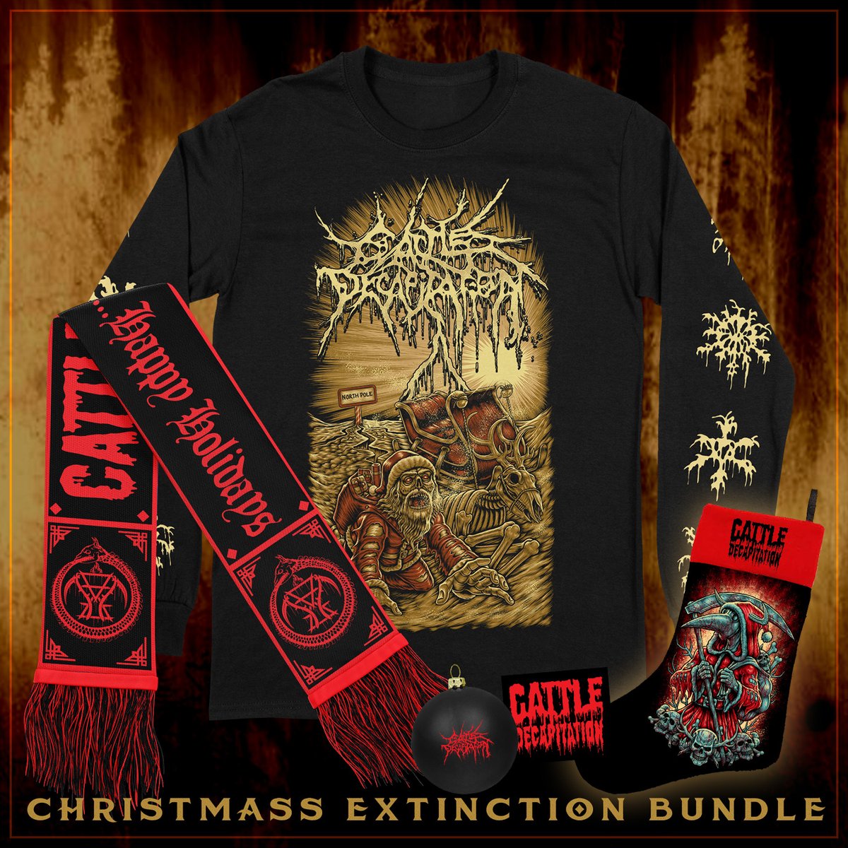 LIMITED ED 'CHRISTMASS EXTINCTION' BUNDLE SALE ENDS TOMORROW NIGHT AT MIDNIGHT! - Christmass Extinction Longsleeve Tee - No Ho Ho Hope Stocking - (Un)Happy Holidays double-sided Knit Scarf - Ouroboros Ornament - 5' wide Logo Vinyl Sticker PRE-ORDER HERE: indiemerch.com/cattledecap