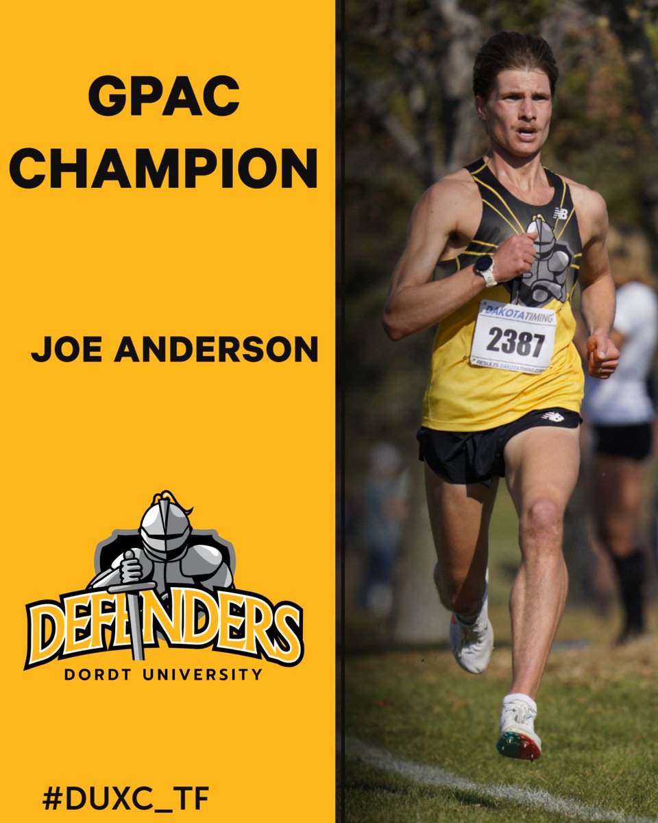 dordtdefenders's tweet photo. Joe Anderson wins the 2022 GPAC Men's Individual Cross Country title; 3rd GPAC individual title overall in @duxc_tf history, joins teammates Eric Steiger (2018) and Davis Tebben (2021) https://t.co/cV64kFa8hF