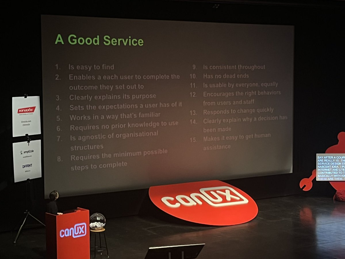 15 principles to design good digital services:

1/3

1. Is easy to find
2. Enables a each user to complete the
outcome they set out to
3. Clearly explains its purpose
4. Sets the expectations a user has of it
5. Works in a way that's familiar

<a href="/LouDowne/">Lou Downe</a> #CanUX