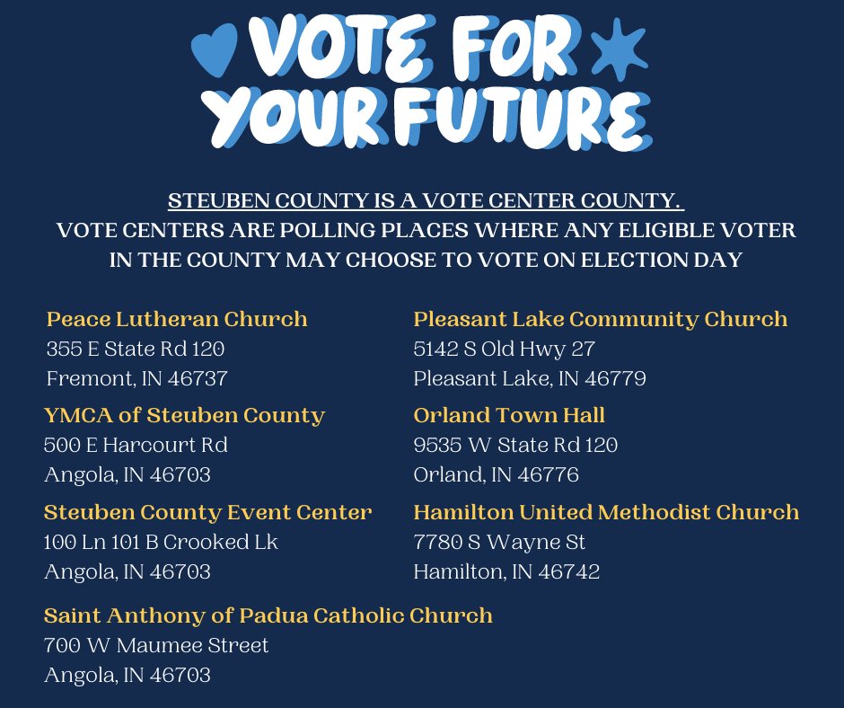 CD3INDems's tweet photo. #SteubenCounty #Indiana, make sure to #RoeRoeRoeYourVote tomorrow on #ElectionDay! Take a look at the beautiful graphic from @SCDemsIN to see where you can #VoteBlue.
#HoosierTwitter https://t.co/L4dNnkAM8n