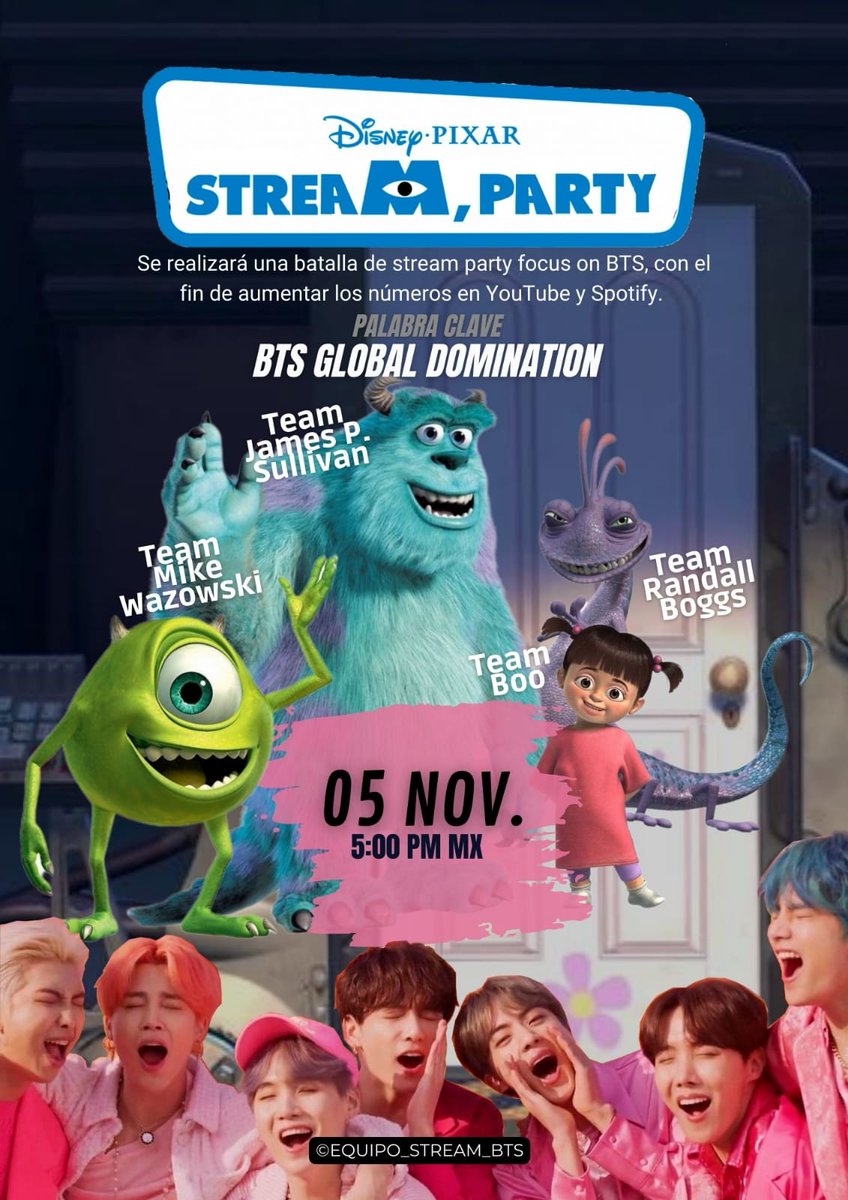 namutws's tweet photo. Army en unas horas se realizará una batalla de stream party para aumentar los números de BTS en YouTube y Spotify, con temática de Monster Inc. Esperamos que puedas unirte. Te dejo la información abajo. ↓💜 https://t.co/WtBmFoiGaP