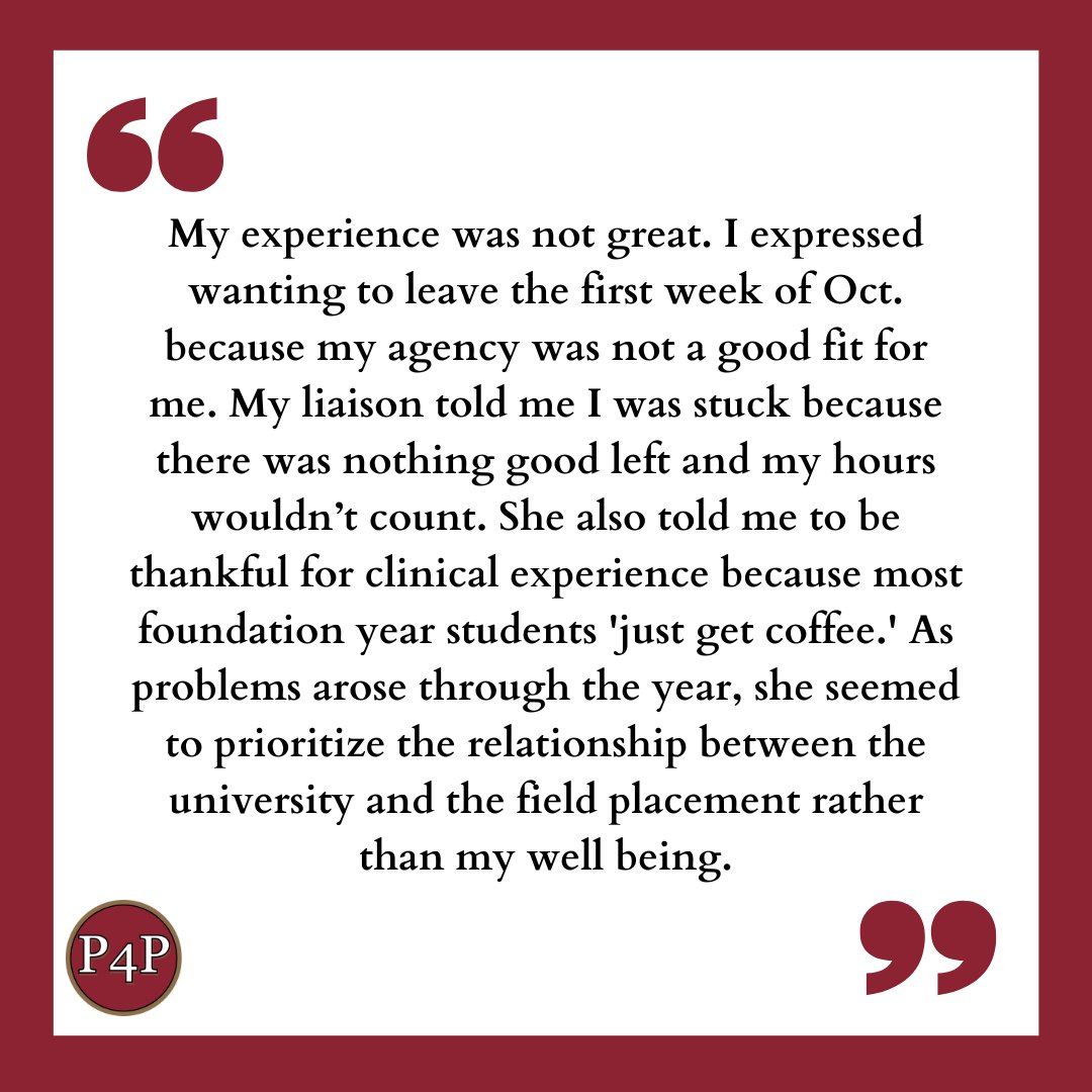 P4PatDU's tweet photo. P4P at DU asked current GSSW students to share their field experiences, and today we’re looking at what they had to say about their field liaisons. We deserve to feel heard by those who are paid by GSSW to support us in our field placements, and we deserve to be paid ourselves. https://t.co/jPOk2yKgWa
