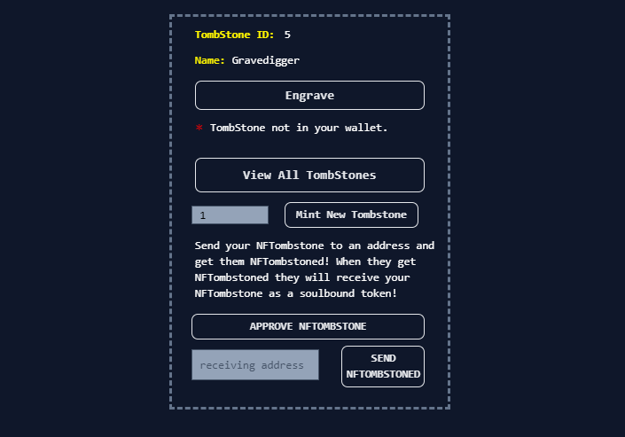 TheSpotUG's tweet photo. NEW FEATURE ALERT:
Get NFTOMBSTONED!!
Engrave your tombstone and send it to a wallet as a soulbound token 😂😂😂
Step 1: Mint NFTombstone
Step 2: Engrave NFTombstone
Step 3: Approve for use
Step 4: Send to any address and they receive it as a soul bound token, they got STONED!!! https://t.co/DRX1VIcuNA