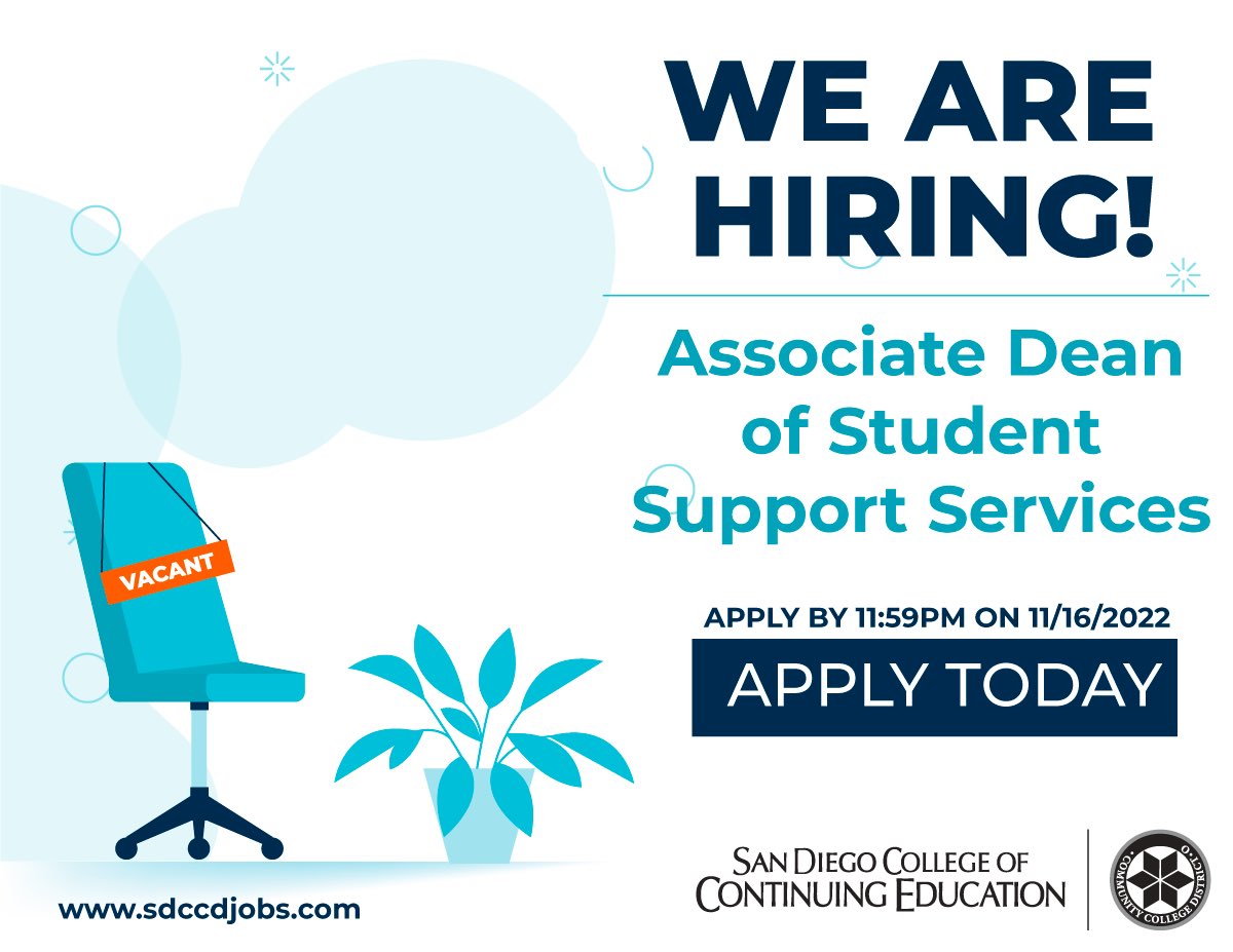 🗣Join our team!
The College of Continuing Education is looking for an Associate Dean of Student Support Services. Apply by 11:59pm, November 16, 2022.
Job details and salary can be found here:
sdccdjobs.com/postings/13975
Apply today!
#SDCCE #JobsInHigherEd